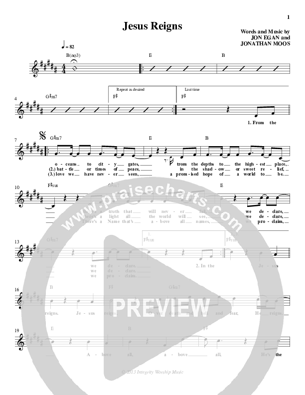 Jesus Reigns Lead Sheet (Jon Egan / New Life Worship)