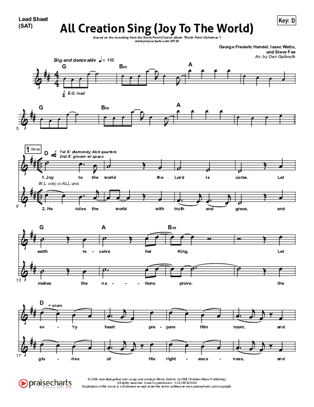 All Creation Sing (Joy To The World) Lead Sheet (SAT) (Seth Condrey / North Point Worship)