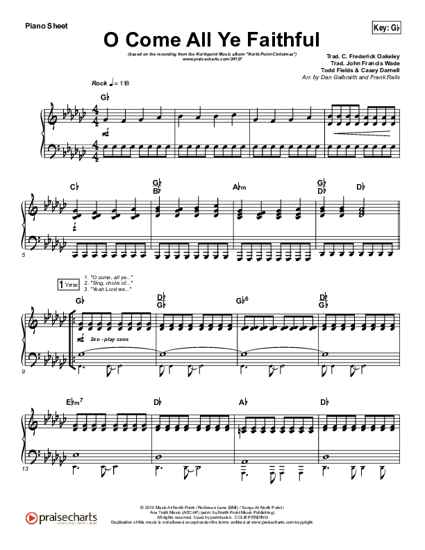 O Come All Ye Faithful Piano Sheet (Todd Fields / North Point Worship)