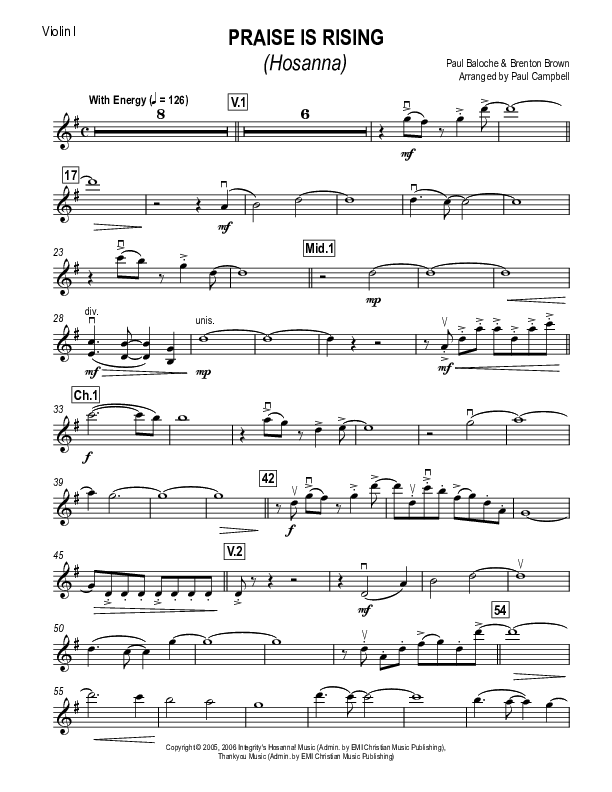 Hosanna (Praise Is Rising) Violin 1 (Paul Campbell)