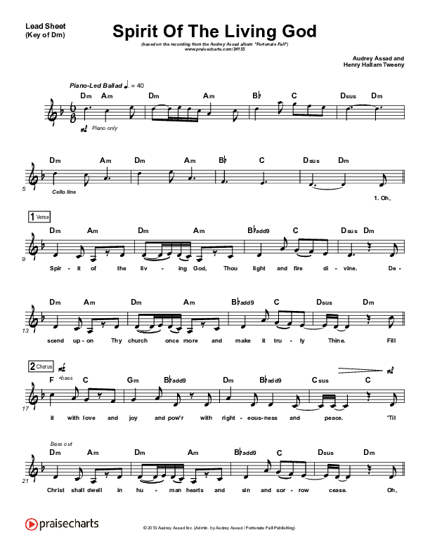 Spirit Of The Living God Lead Sheet (Melody) (Audrey Assad)