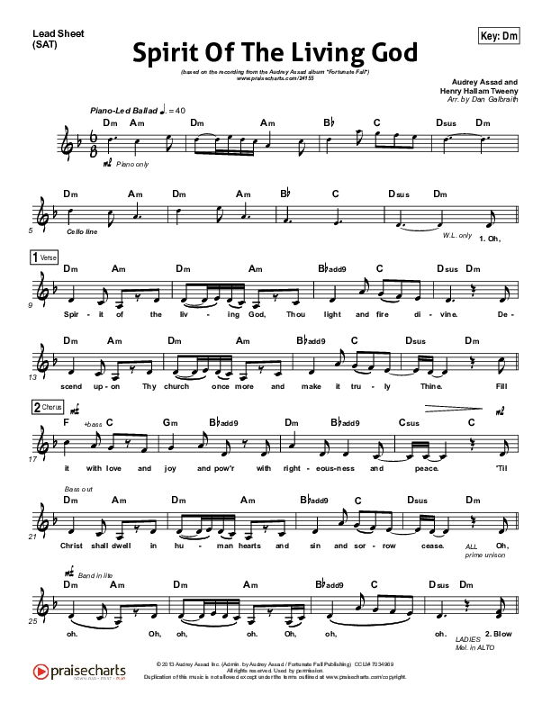 Spirit Of The Living God Lead Sheet (SAT) (Audrey Assad)