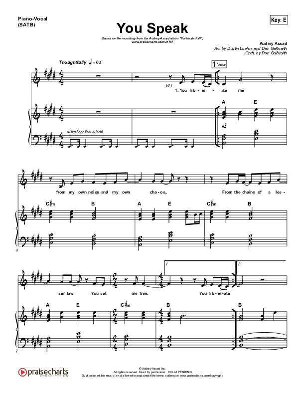 You Speak Piano/Vocal (SATB) (Audrey Assad)