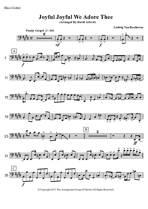 Joyful Joyful We Adore Thee (Instrumental) Bass Guitar (David Arivett)