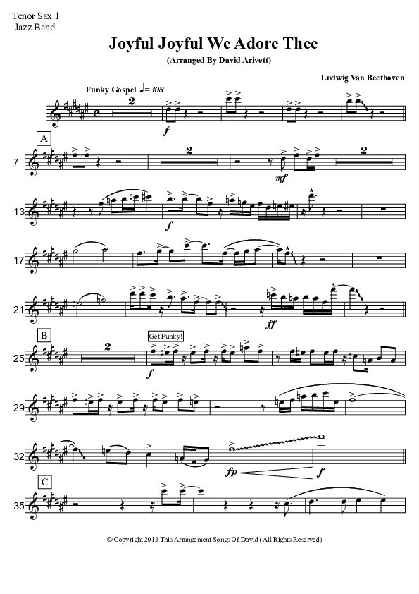 Joyful Joyful We Adore Thee (Instrumental) Tenor Sax 1/2 (David Arivett)