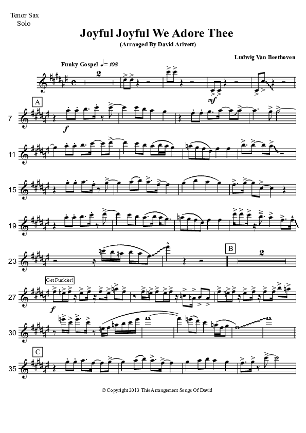 Joyful Joyful We Adore Thee (Instrumental) Tenor Sax 2 (David Arivett)
