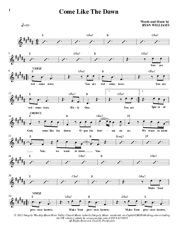 Come Like The Dawn Lead Sheet (Ryan Williams / ONE: A Worship Collective)