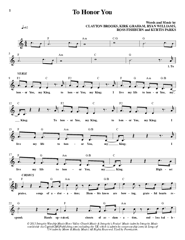 To Honor You Lead Sheet (Clayton Brooks / Kurtis Parks / Ryan Williams / ONE: A Worship Collective)