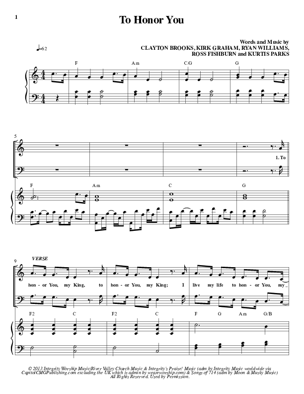 To Honor You Piano/Vocal (Clayton Brooks / Kurtis Parks / Ryan Williams / ONE: A Worship Collective)