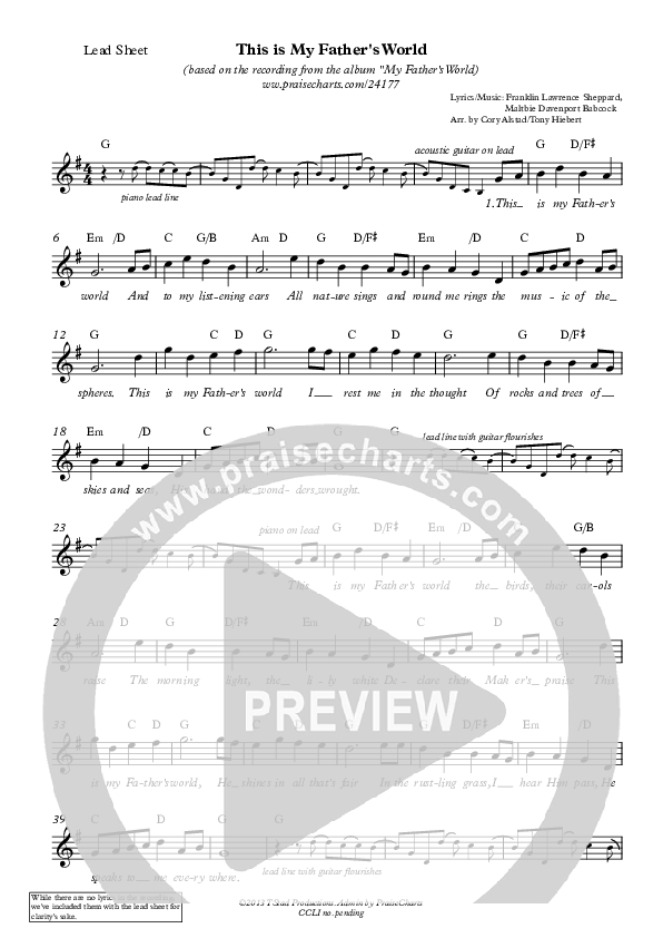This Is My Father's World Lead Sheet (Cory Alstad / Tony Hiebert)