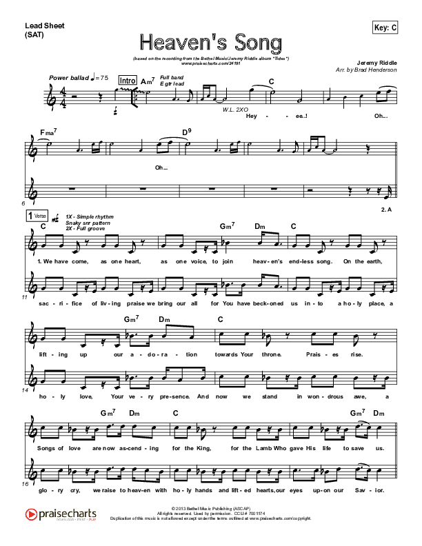 Heaven's Song Lead Sheet (SAT) (Bethel Music / Jeremy Riddle)