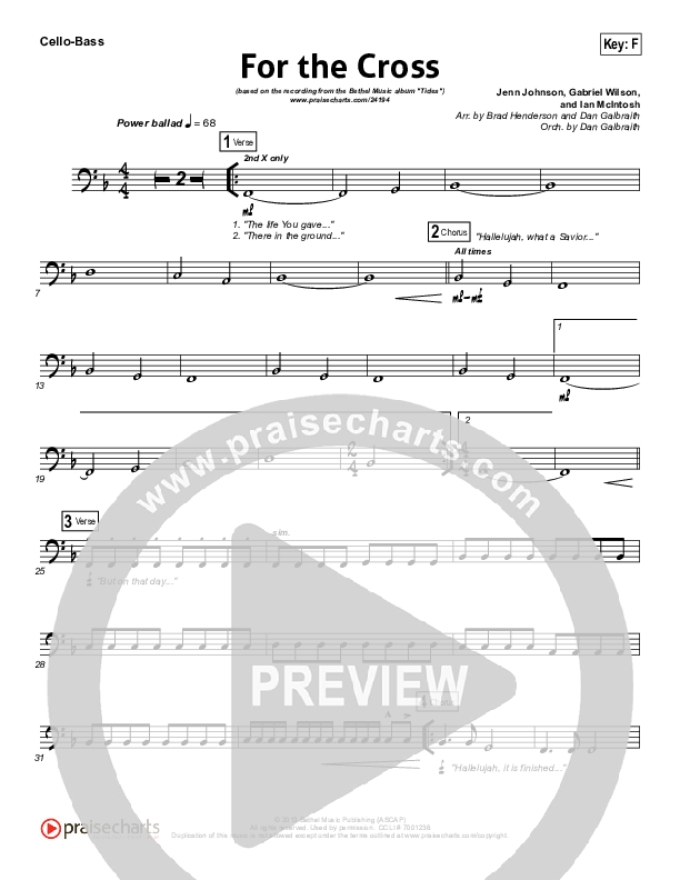 For The Cross Cello/Bass (Bethel Music / Jenn Johnson / Brian Johnson)