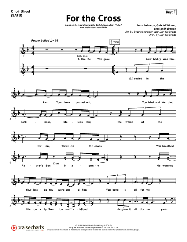 For The Cross Choir Sheet (SATB) (Bethel Music / Jenn Johnson / Brian Johnson)