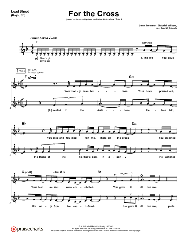 For The Cross Lead Sheet (Melody) (Bethel Music / Jenn Johnson / Brian Johnson)