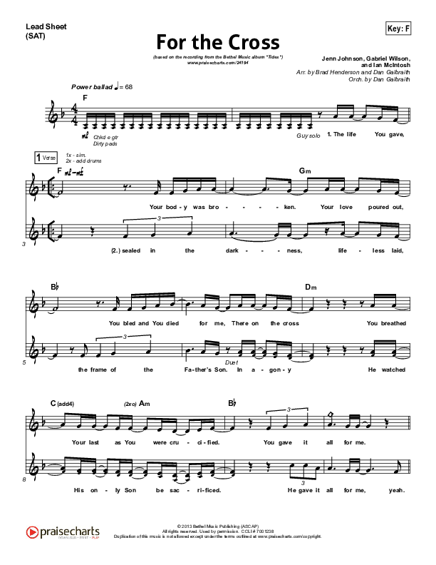 For The Cross Lead Sheet (SAT) (Bethel Music / Jenn Johnson / Brian Johnson)