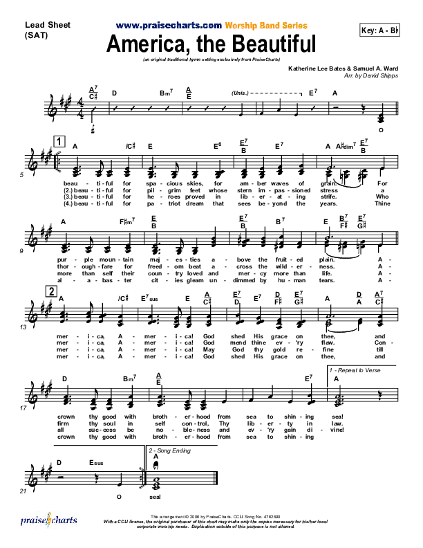 America The Beautiful Lead Sheet (SAT) (Mark Cole)