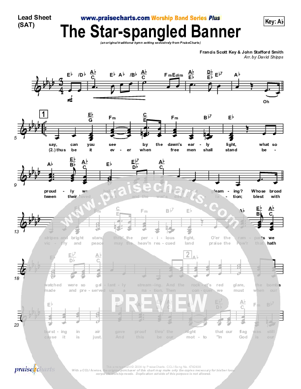 The Star-Spangled Banner Lead Sheet (SAT) (PraiseCharts / Traditional Hymn)