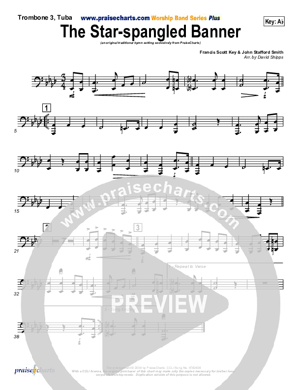 The Star-Spangled Banner Trombone 3/Tuba (PraiseCharts / Traditional Hymn)