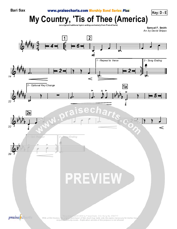 My Country Tis Of Thee Bari Sax (PraiseCharts / Traditional Hymn)