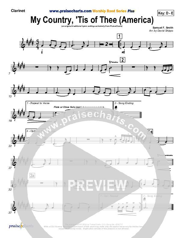 My Country Tis Of Thee Clarinet (PraiseCharts / Traditional Hymn)