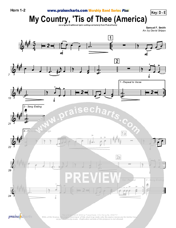 My Country Tis Of Thee French Horn 1/2 (PraiseCharts / Traditional Hymn)