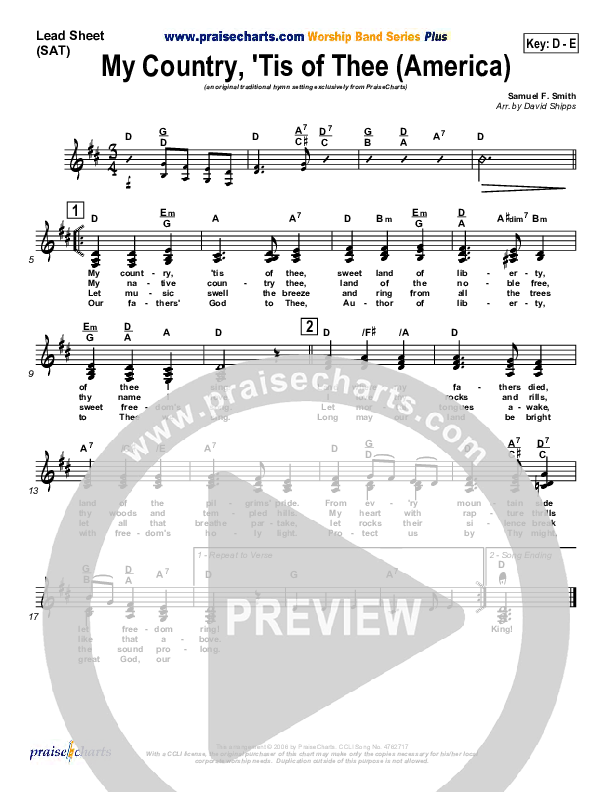 My Country Tis Of Thee Lead Sheet (SAT) (PraiseCharts / Traditional Hymn)
