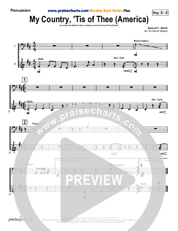 My Country Tis Of Thee Percussion (PraiseCharts / Traditional Hymn)