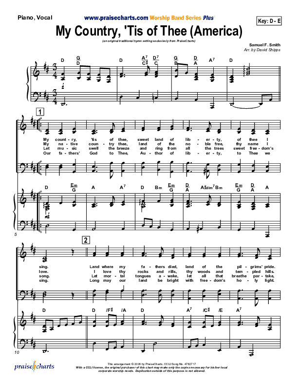 My Country Tis Of Thee Piano/Vocal (SATB) (PraiseCharts / Traditional Hymn)