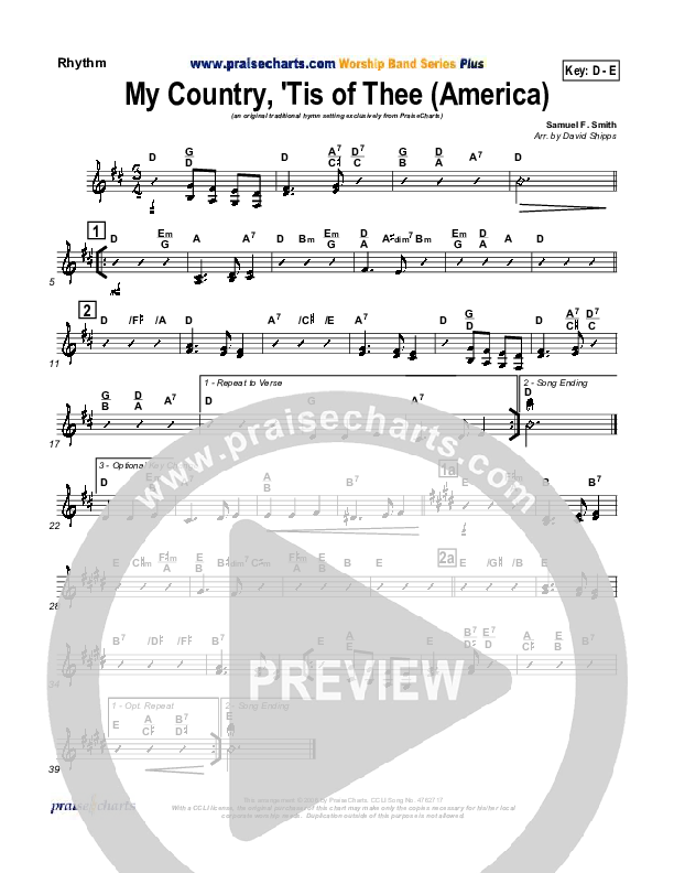My Country Tis Of Thee Rhythm Chart (PraiseCharts / Traditional Hymn)
