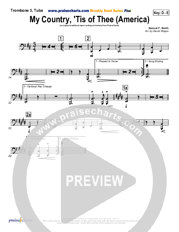 My Country Tis Of Thee Trombone 3/Tuba (PraiseCharts / Traditional Hymn)