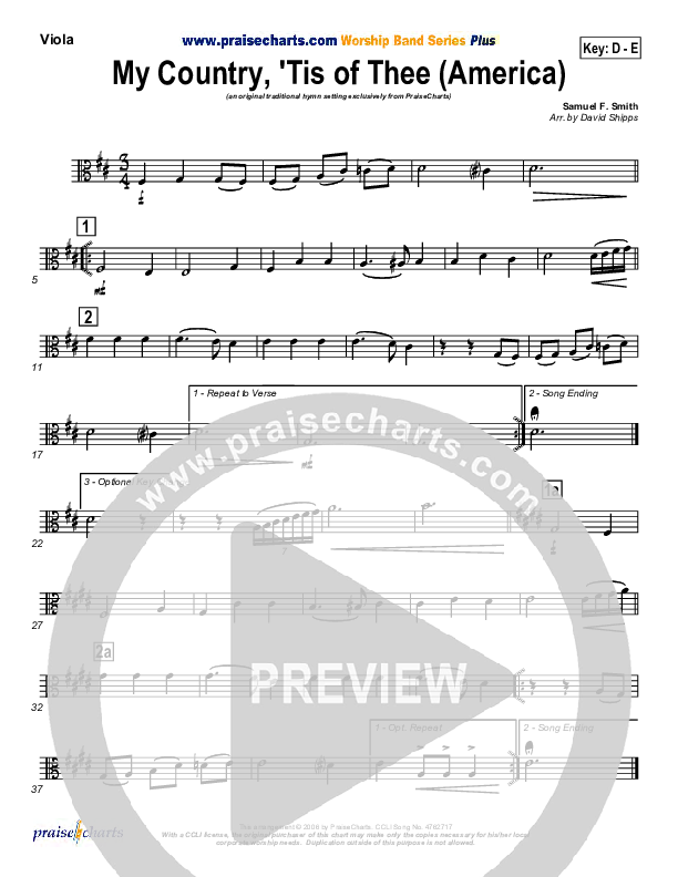 My Country Tis Of Thee Viola (PraiseCharts / Traditional Hymn)