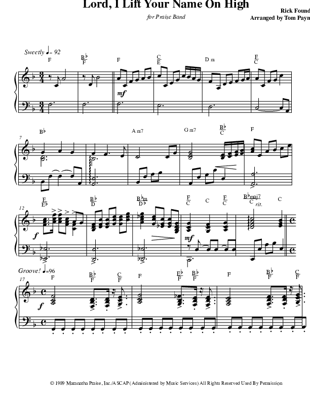 Lord I Lift Your Name On High (Instrumental) Piano Sheet (Tom Payne)
