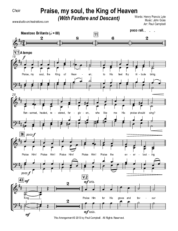 Praise My Soul The King Of Heaven (with Fanfare and Descant) Choir Vocals (SATB) (Paul Campbell)