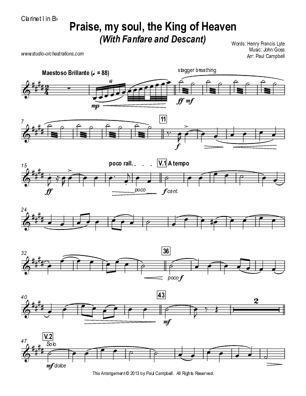 Praise My Soul The King Of Heaven (with Fanfare and Descant) Clarinet 1/2 (Paul Campbell)