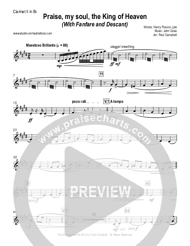 Praise My Soul The King Of Heaven (with Fanfare and Descant) Clarinet 1/2 (Paul Campbell)