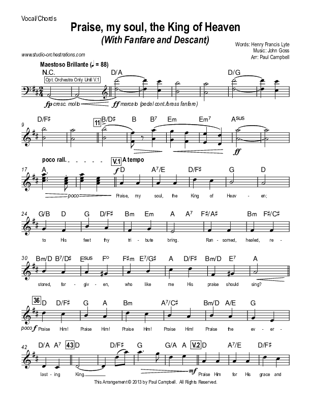 Praise My Soul The King Of Heaven (with Fanfare and Descant) Lead Sheet (Paul Campbell)