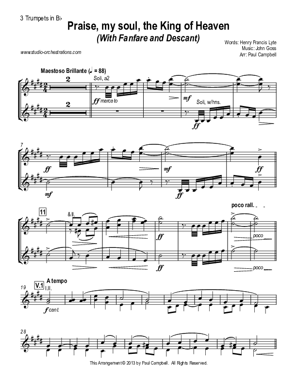 Praise My Soul The King Of Heaven (with Fanfare and Descant) Trumpet 1/2/3 (Paul Campbell)