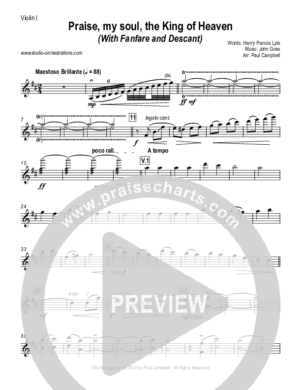 Praise My Soul The King Of Heaven (with Fanfare and Descant) Violin 1 (Paul Campbell)