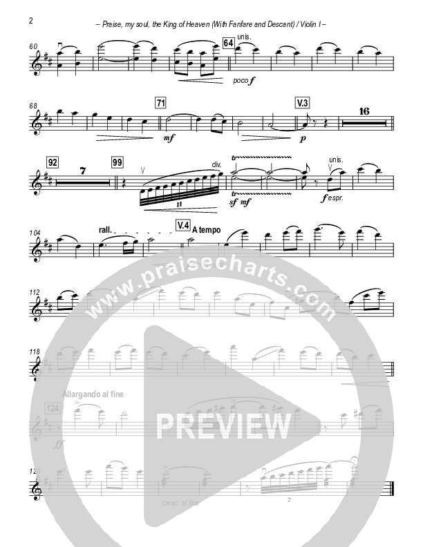 Praise My Soul The King Of Heaven (with Fanfare and Descant) Violin 1 (Paul Campbell)