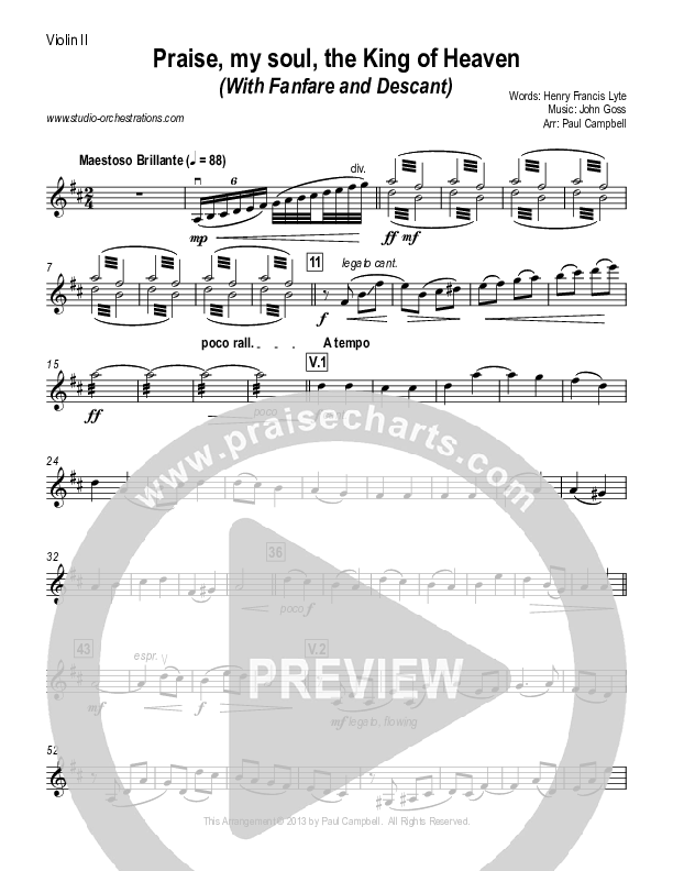Praise My Soul The King Of Heaven (with Fanfare and Descant) Violin 2 (Paul Campbell)