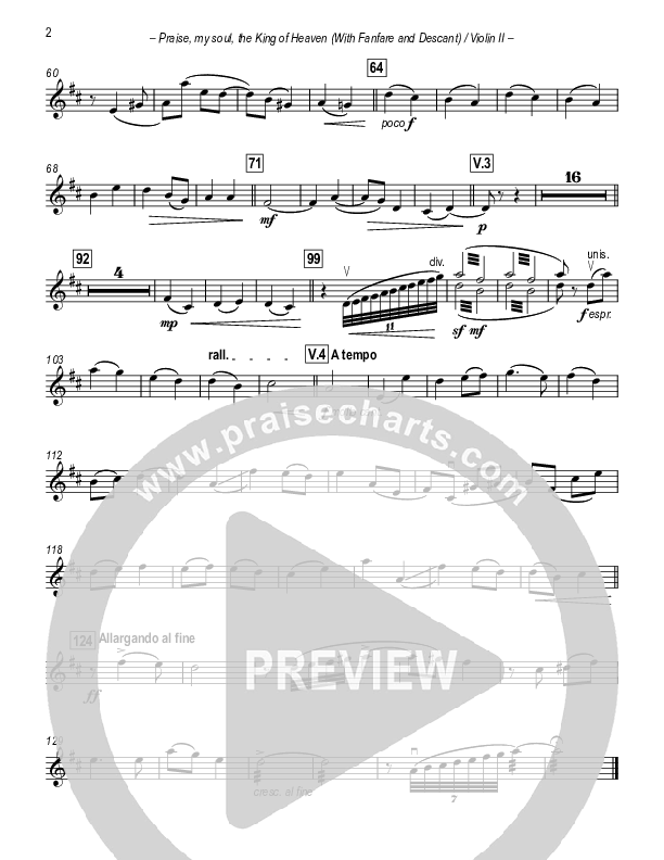 Praise My Soul The King Of Heaven (with Fanfare and Descant) Violin 2 (Paul Campbell)