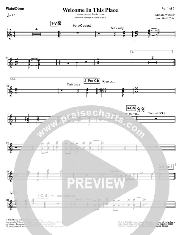 Welcome In This Place Flute/Oboe (Hillsong Worship)