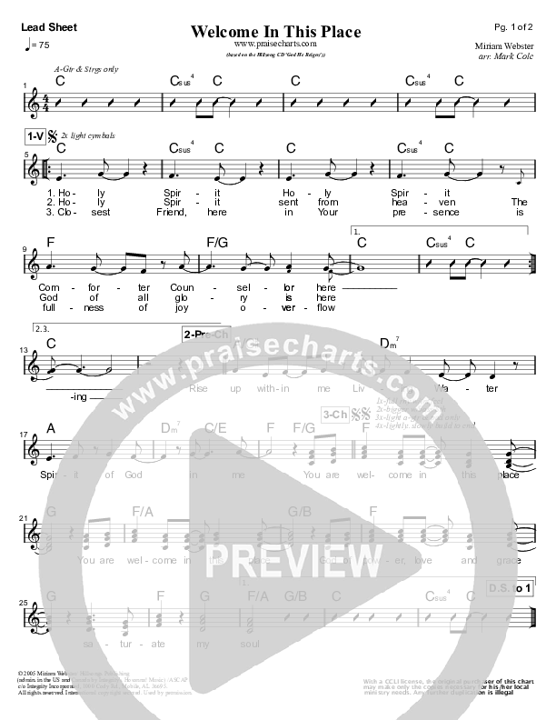 Welcome In This Place Lead Sheet (Hillsong Worship)