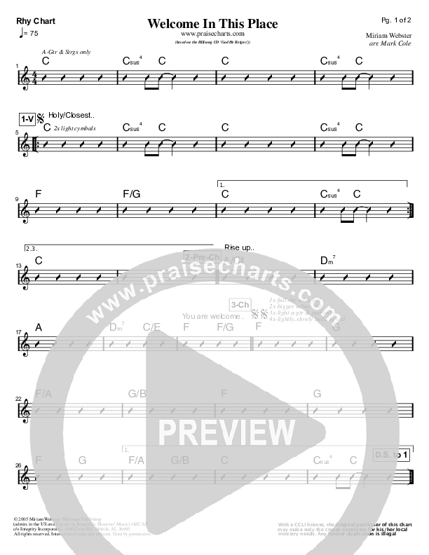 Welcome In This Place Rhythm Chart (Hillsong Worship)