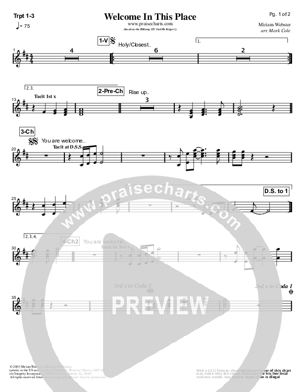 Welcome In This Place Trumpet 1/2/3 (Hillsong Worship)