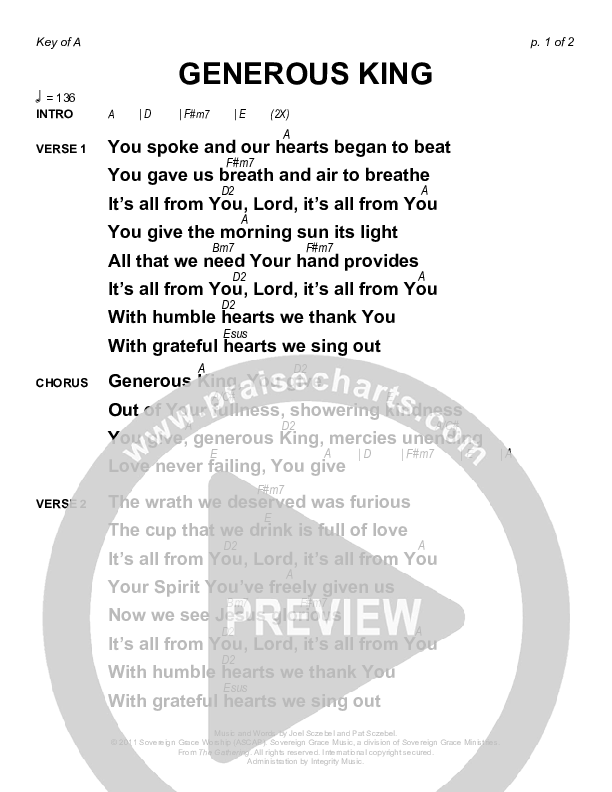 Generous King Chords & Lyrics (Sovereign Grace)