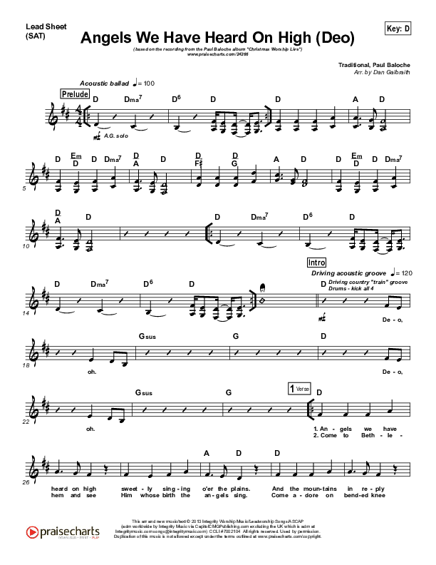 Angels We Have Heard On High (Deo) Lead Sheet (SAT) (Paul Baloche)