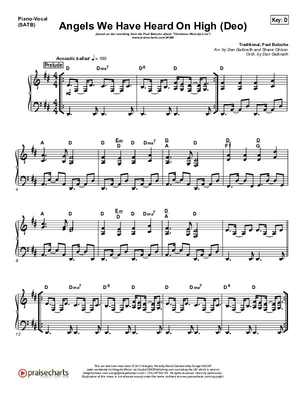 Angels We Have Heard On High (Deo) Piano/Vocal (SATB) (Paul Baloche)