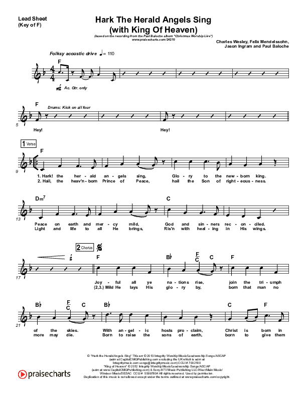 Hark The Herald (with King Of Heaven) Lead Sheet (Melody) (Paul Baloche)