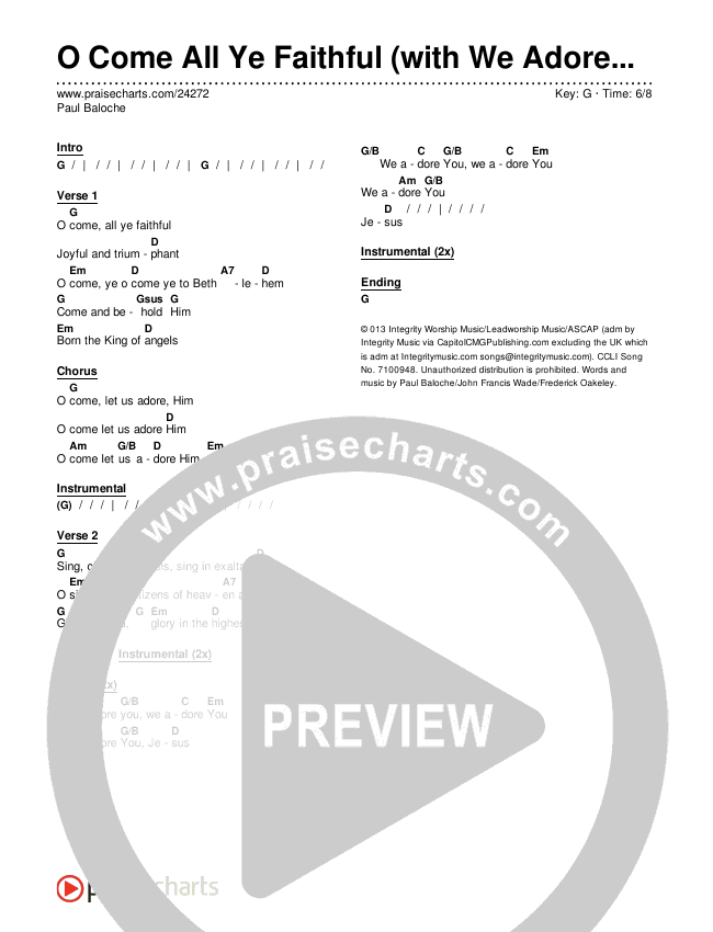 O Come All Ye Faithful With We Adore You Chords Paul Baloche Praisecharts